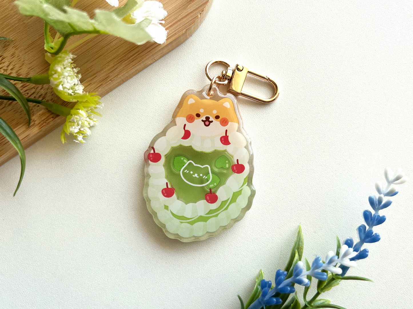 Vintage Matcha Heart Cake Shiba Acrylic Shaker Keychain