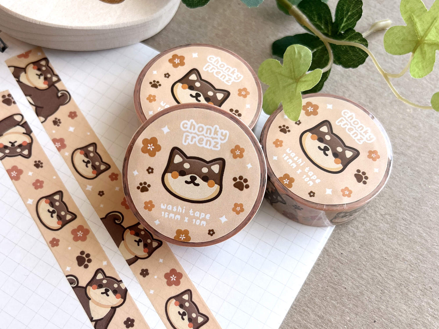 Black Shiba Flowers Washi Tape