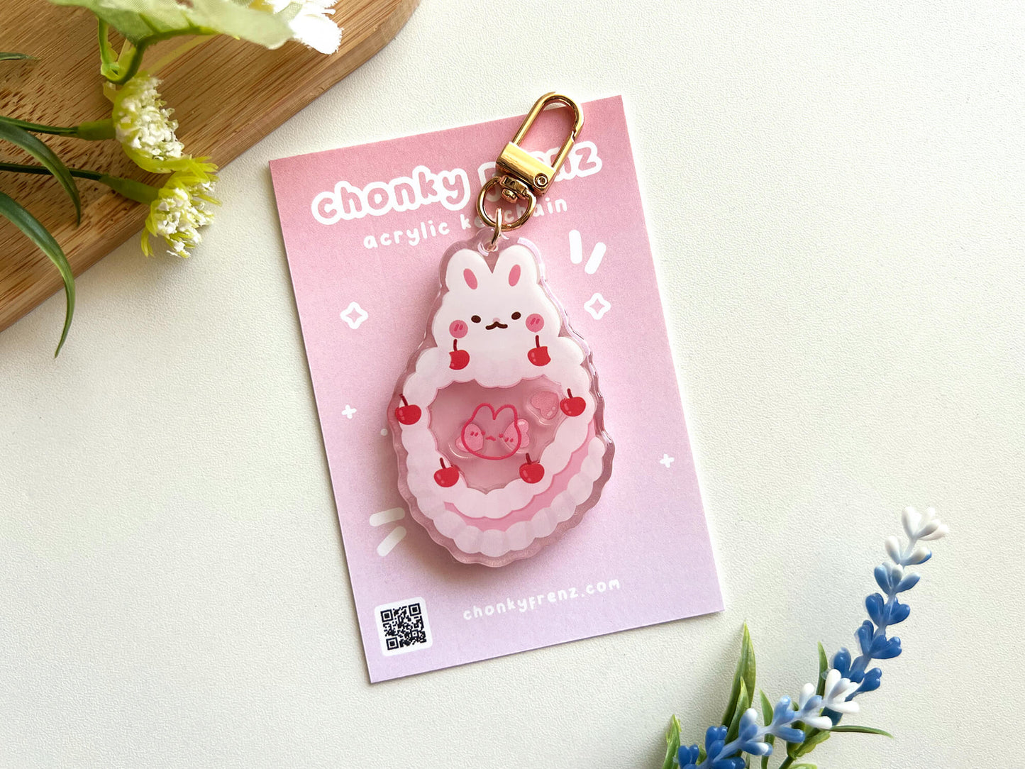 Vintage Pink Heart Cake Bunny Acrylic Shaker Keychain