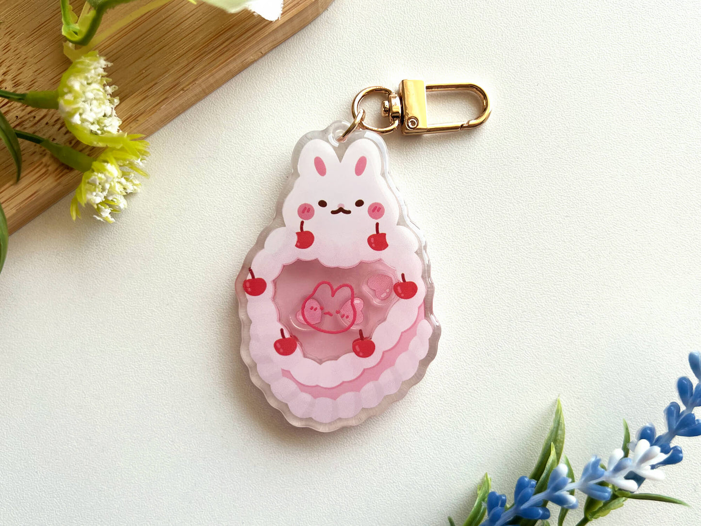Vintage Pink Heart Cake Bunny Acrylic Shaker Keychain