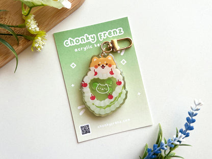 Vintage Matcha Heart Cake Shiba Acrylic Shaker Keychain